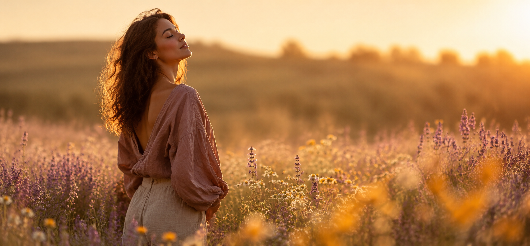 Femme sereine debout dans une prairie de fleurs sauvages au coucher du soleil doré