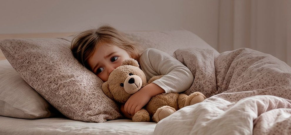 Jeune enfant endormi paisiblement dans son lit, lumiere douce et atmosphere rassurante