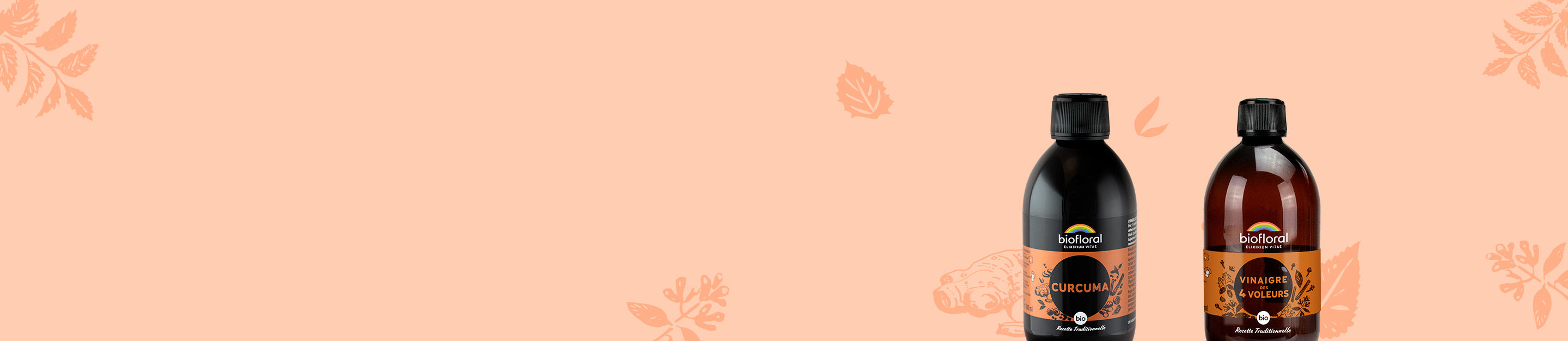 Pack bien-être comprenant vinaigre des 4 voleurs bio et solution buvable au curcuma naturel.
