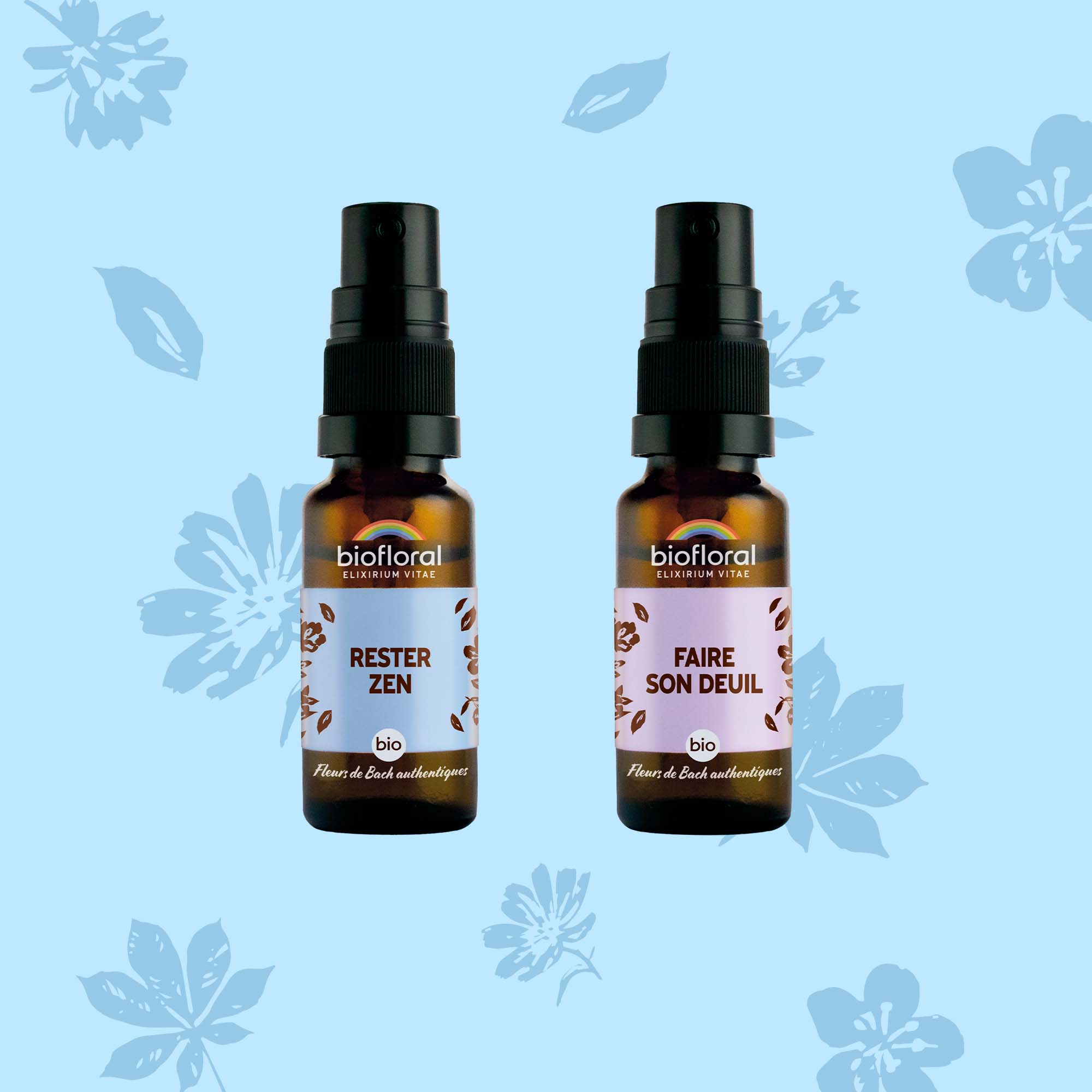 Duo composé d’un spray aux fleurs de Bach pour rester zen et d’un spray pour faire son deuil.