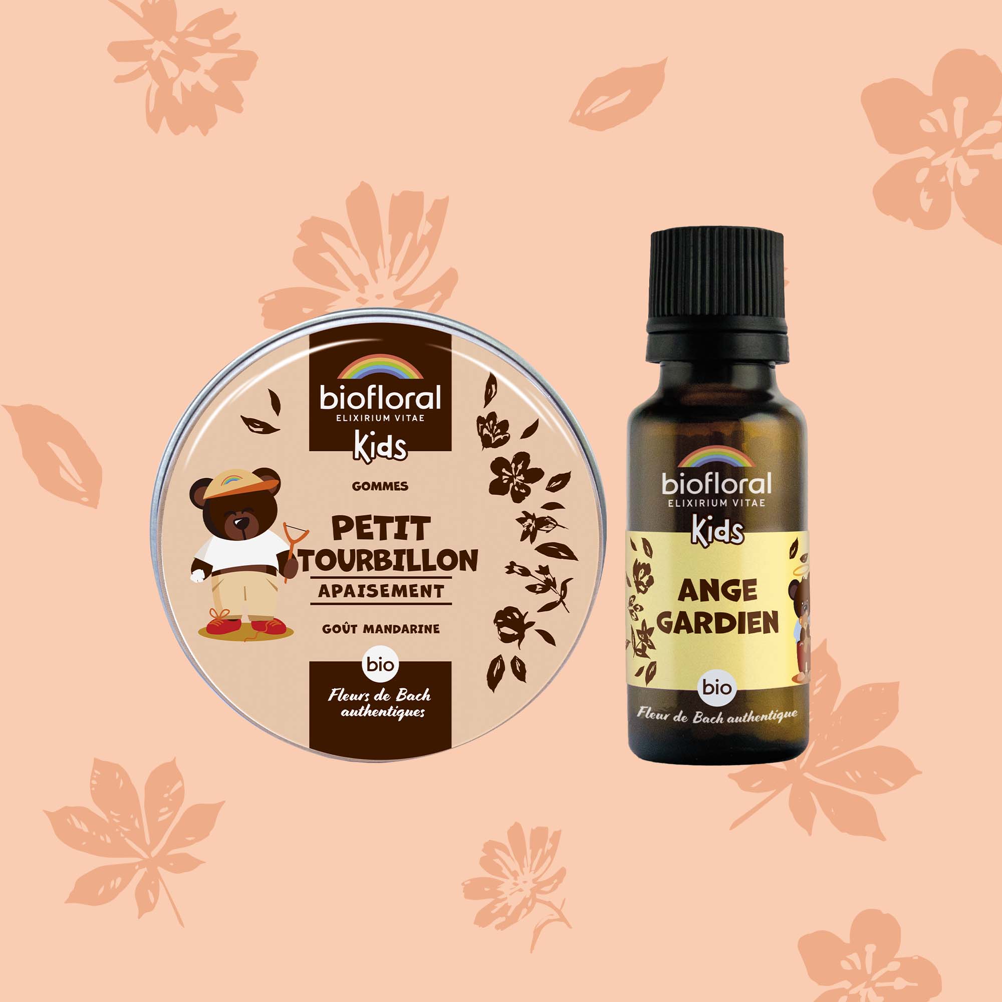 Duo pour enfants aux fleurs de Bach : pastilles Petit Tourbillon et spray Ange Gardien pour la gestion des émotions.
