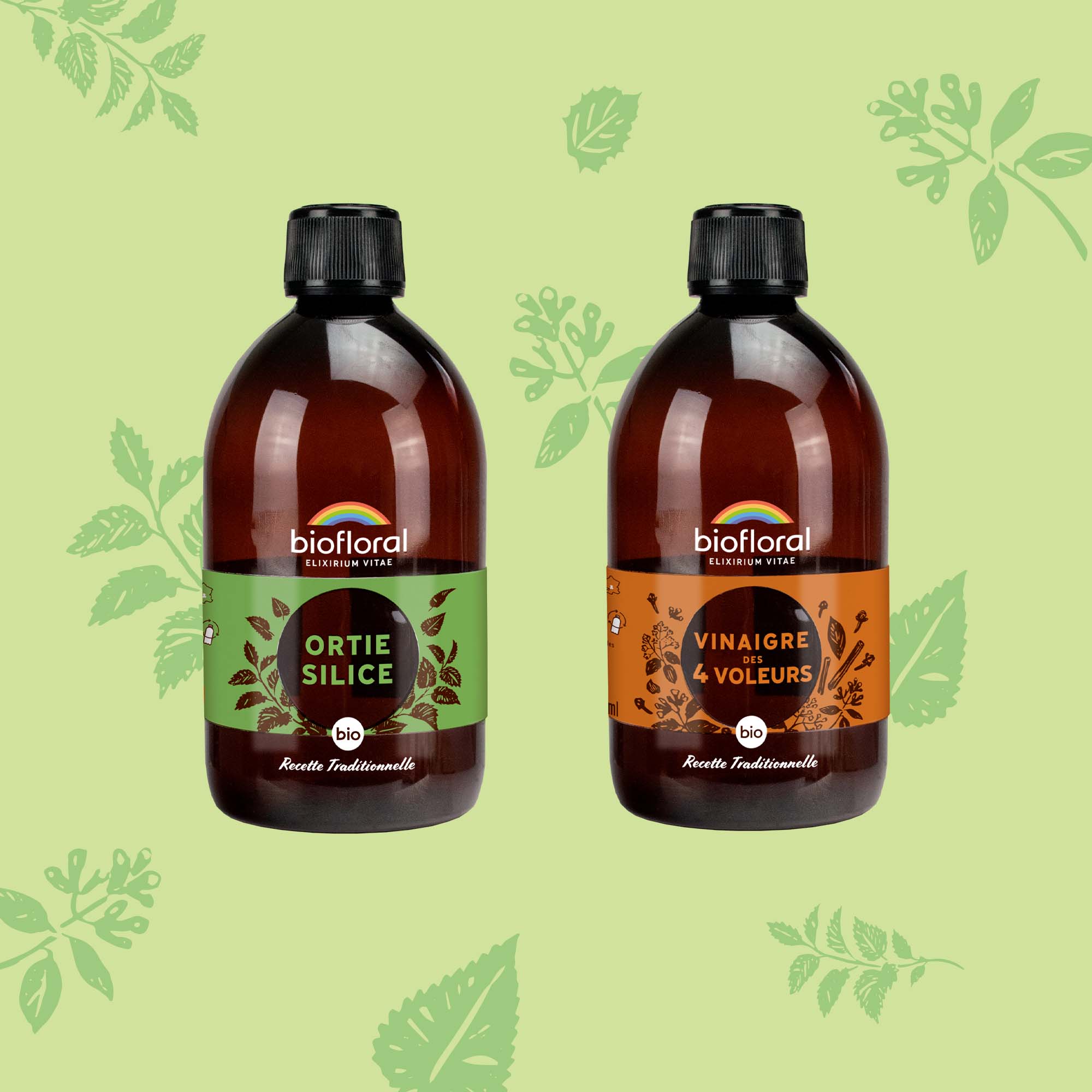 Duo d’élixirs d’ortie silice et de vinaigre des Quatre Voleurs Biofloral.