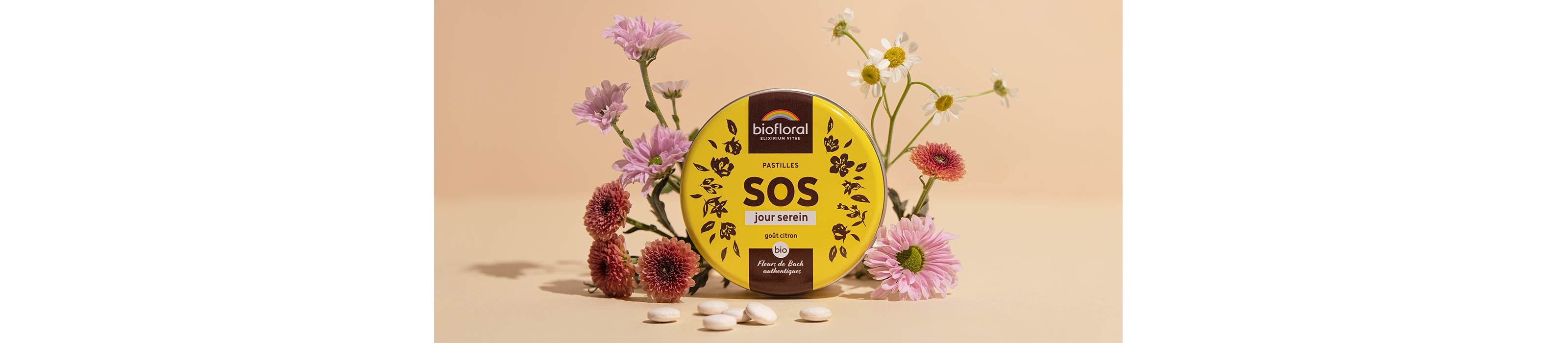 Pastilles aux fleurs de Bach Biofloral, bio, SOS Jour Serein pour calmer l’anxiété passagère et rétablir l’équilibre émotionnel.