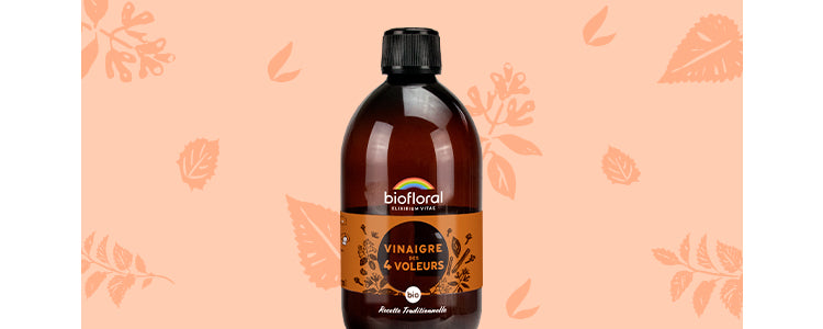 Vinaigre des 4 voleurs bio, préparation traditionnelle aux plantes médicinales reconnues pour leurs propriétés antiseptiques.