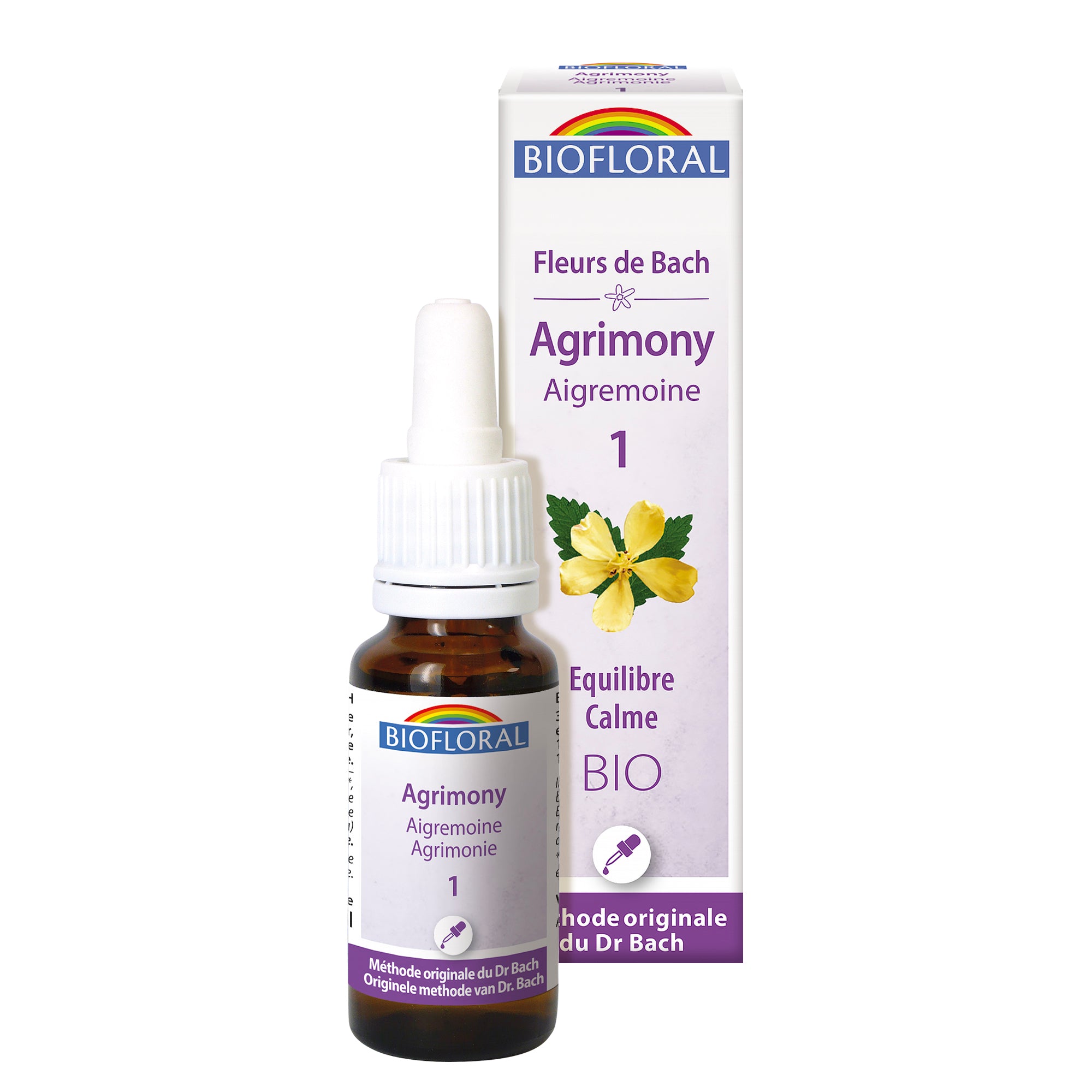 Compte-gouttes Fleur de Bach Aigremoine Bio Biofloral, pour aider à exprimer ses émotions et cultiver une joie authentique.