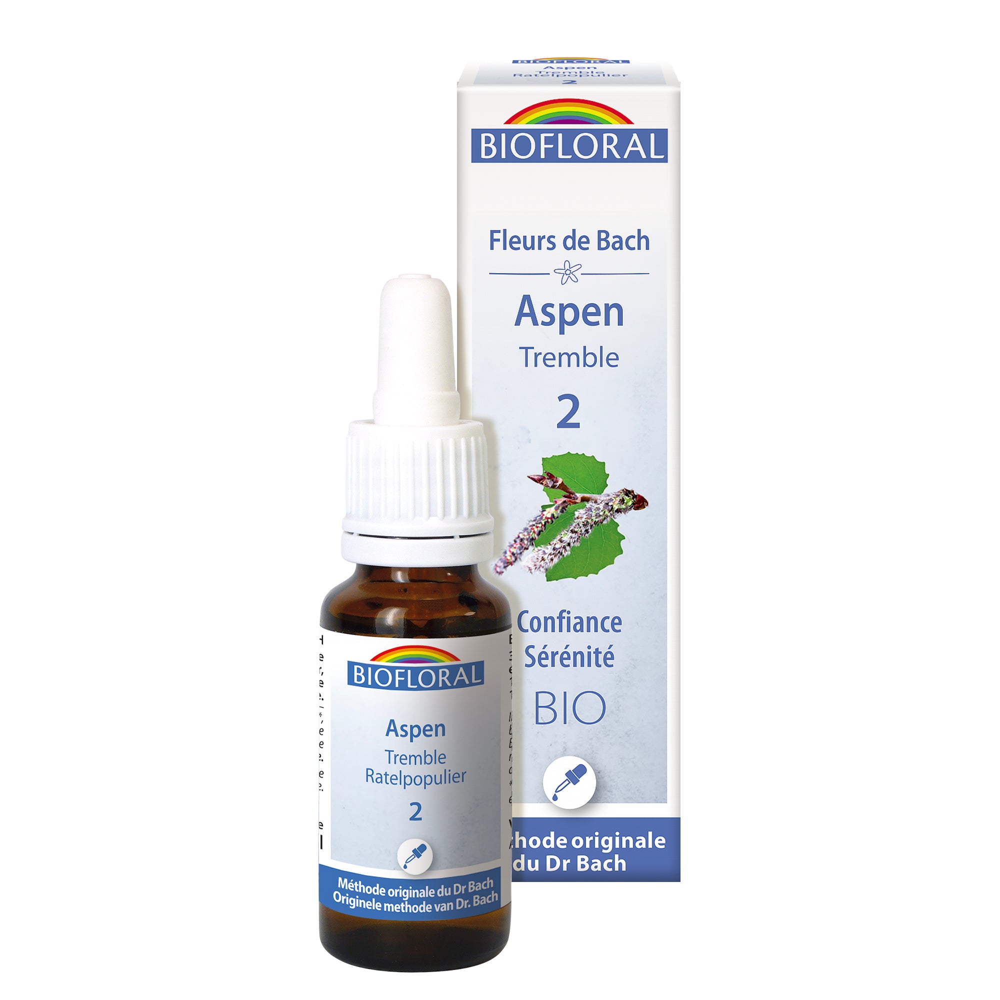 Compte-gouttes Fleur de Bach Aspen Bio Biofloral, élixir naturel pour apaiser les peurs diffuses et favoriser la sérénité intérieure.