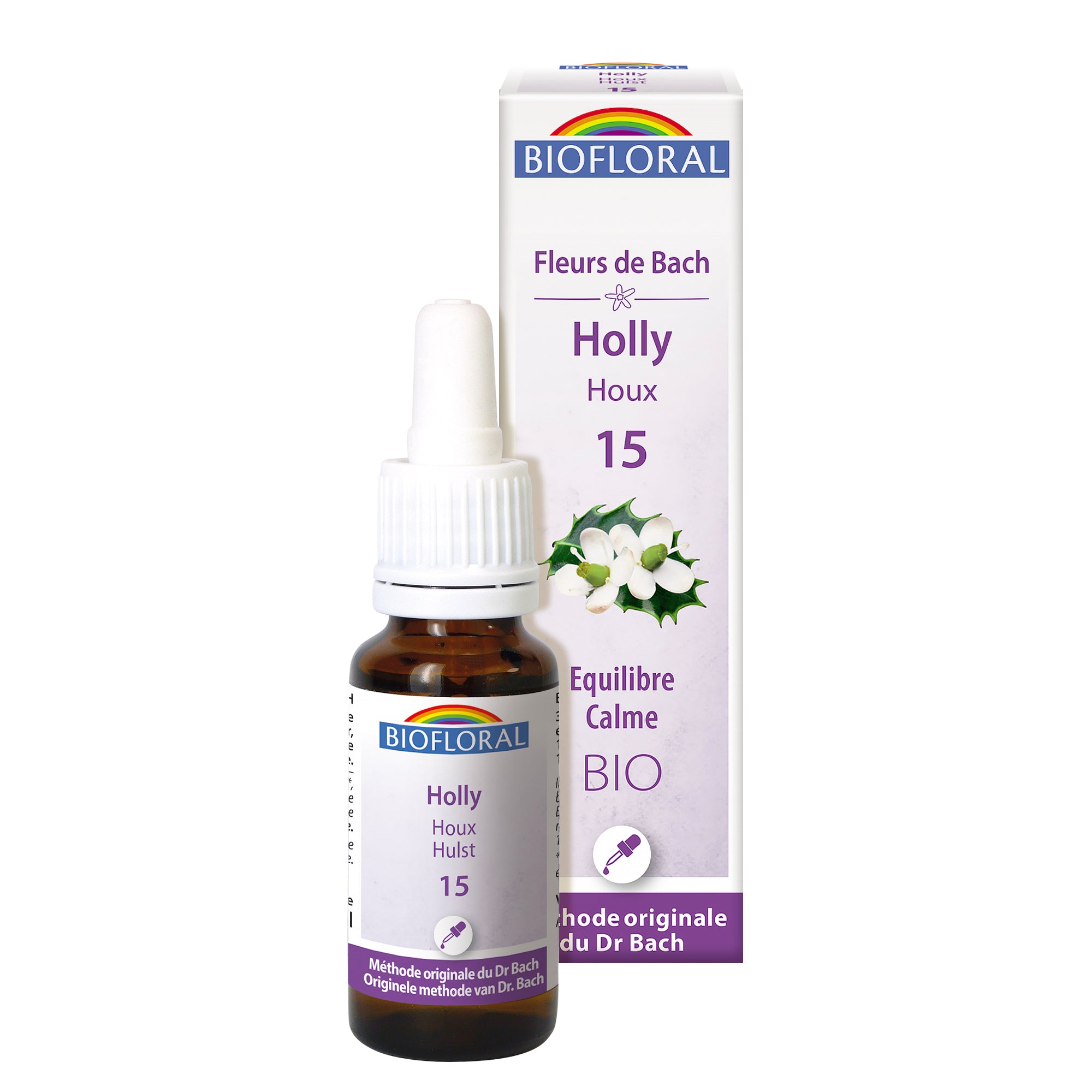 Compte-gouttes Fleur de Bach Holly Bio Biofloral, élixir pour cultiver l’ouverture du cœur et transformer les émotions négatives.