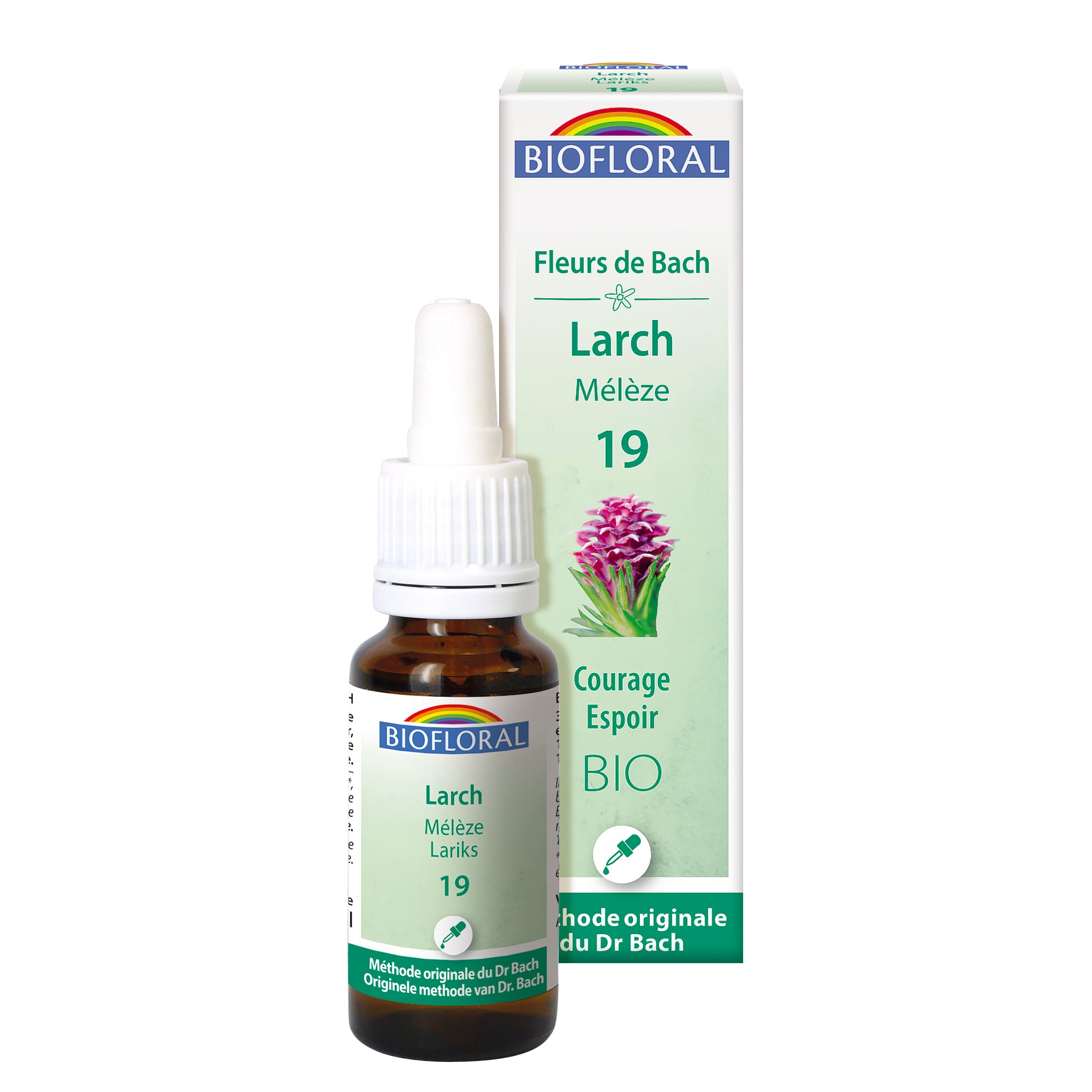 Compte-gouttes Fleur de Bach Larch Bio Biofloral, pour renforcer la confiance en soi et libérer son potentiel personnel.