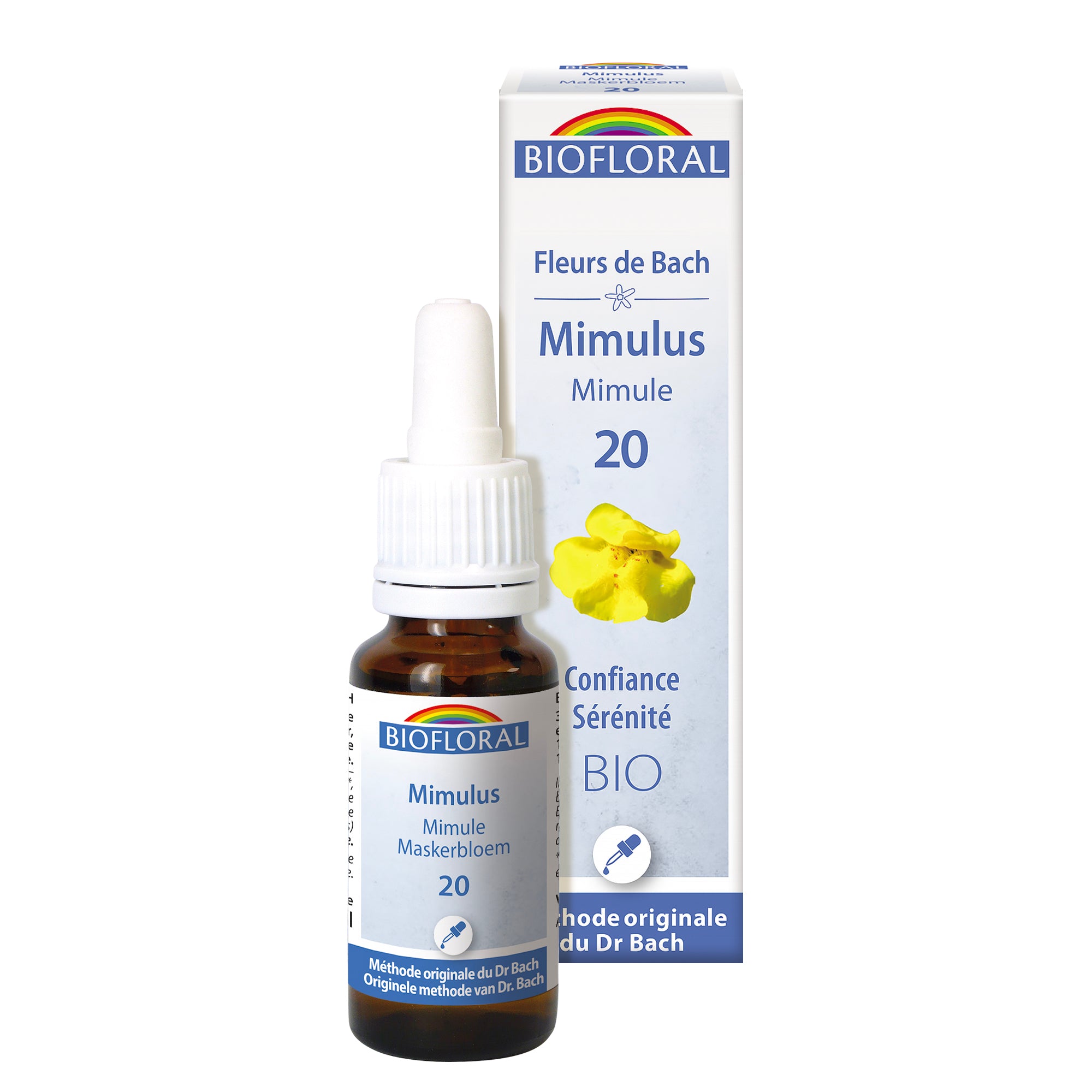 Compte-gouttes Fleur de Bach Mimulus Bio Biofloral, aide naturelle pour surmonter les peurs précises et développer le courage au quotidien.