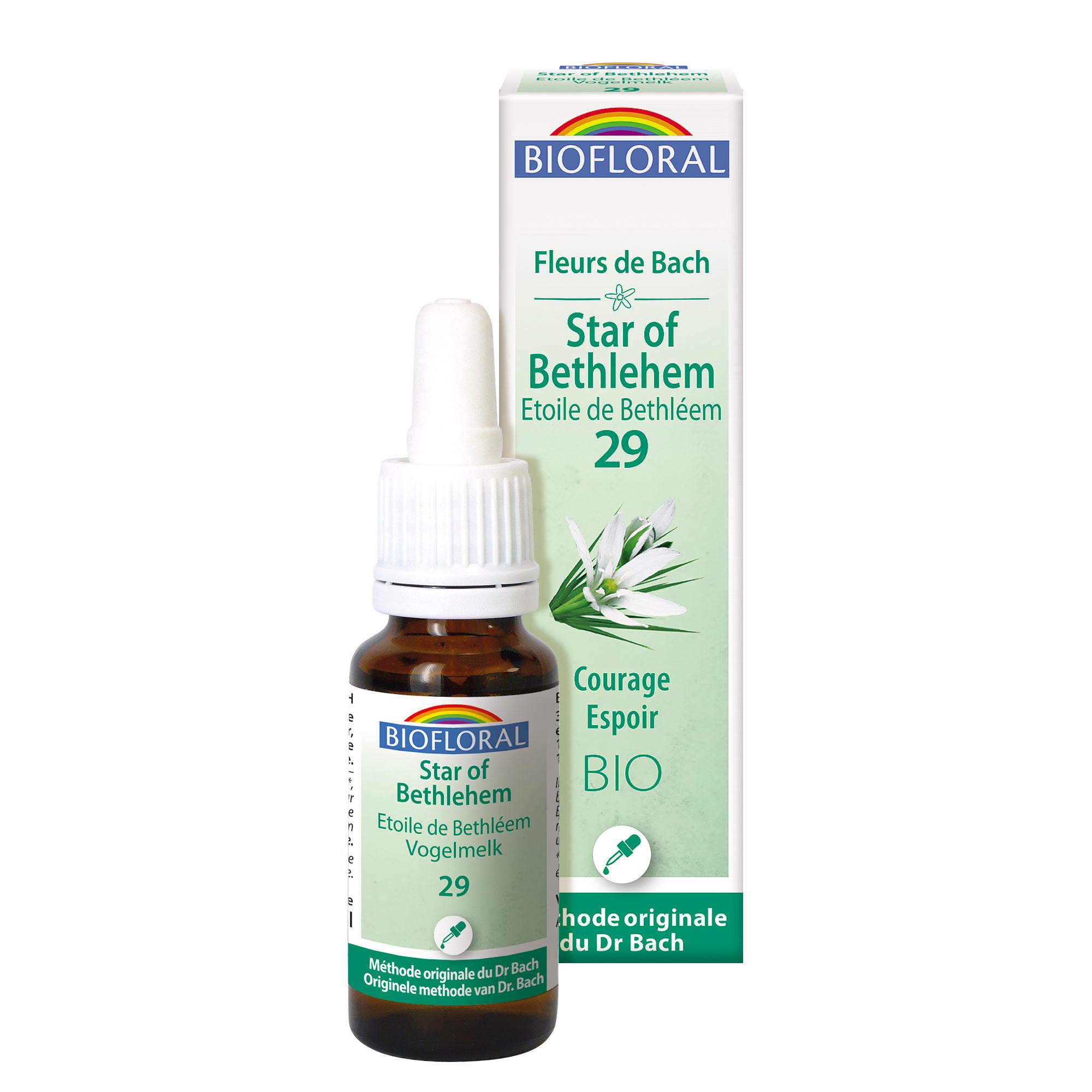 Compte-gouttes Fleur de Bach Star of Bethlehem Bio Biofloral, élixir apaisant pour réconforter et soutenir après un choc émotionnel.