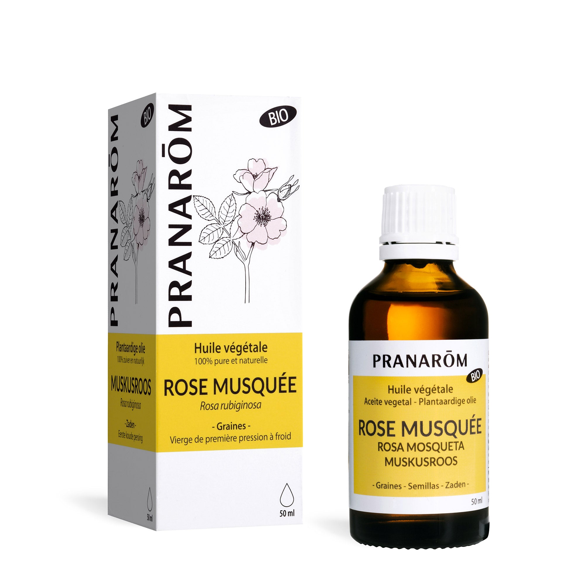 Huile végétale de rose musquée bio Pranarom, soin nourrissant idéal pour les peaux sensibles et abîmées.