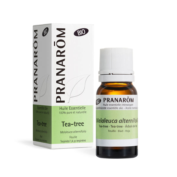 Flacon compte-gouttes d’huile essentielle de tea tree, concentrée et 100 % naturelle.