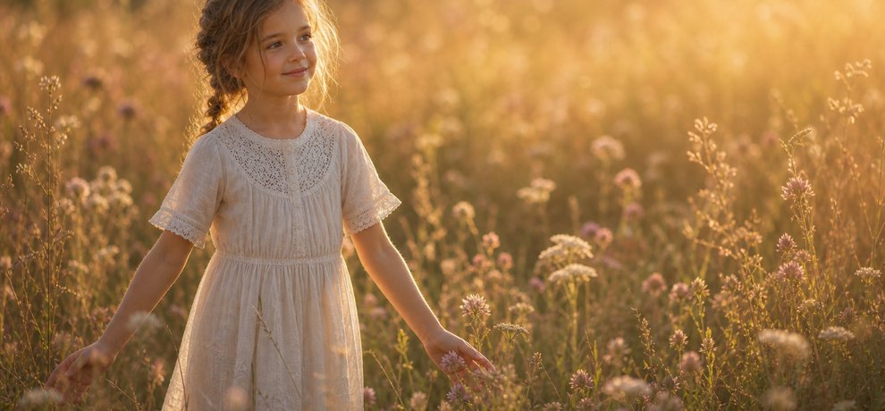 Jeune enfant serein et souriant dans une prairie de fleurs sauvages au coucher du soleil, lumiere doree douce