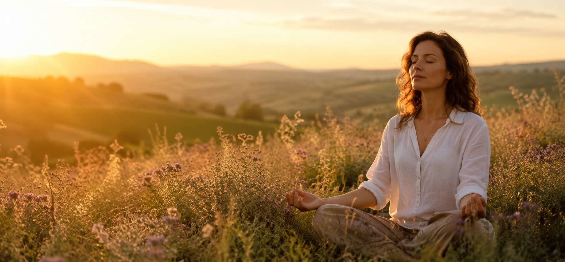 Une femme assise dans un champ de fleurs sauvages au coucher du soleil, les yeux fermés, dans une posture de respiration apaisante.