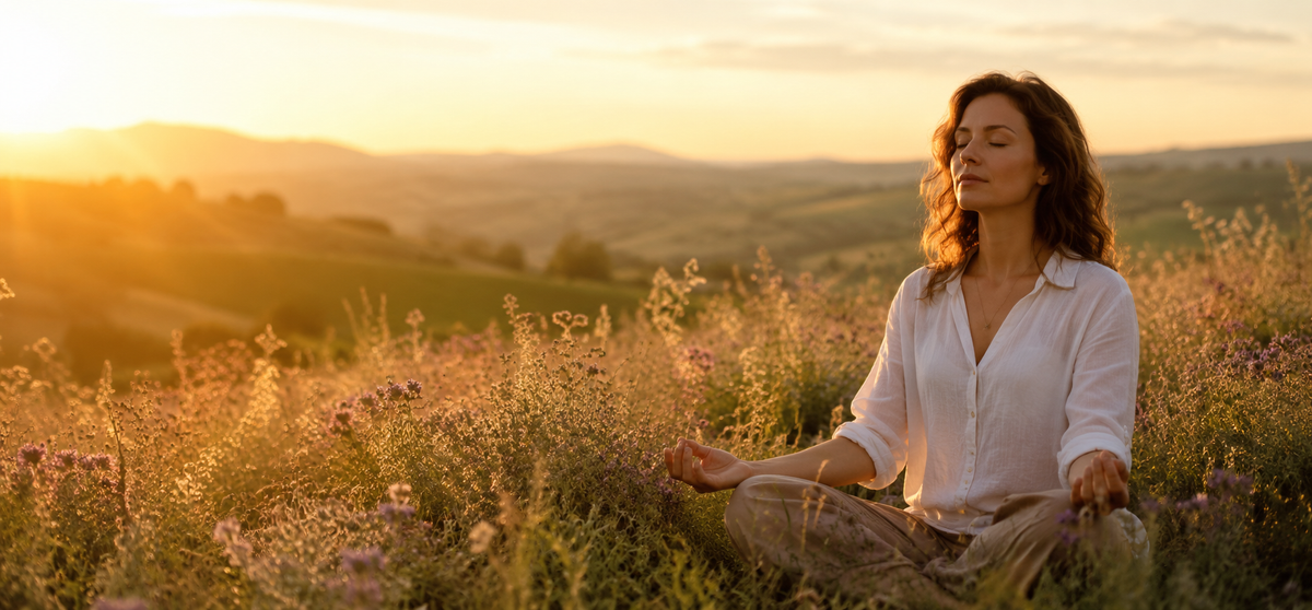 Une femme assise dans un champ de fleurs sauvages au coucher du soleil, les yeux fermés, dans une posture de respiration apaisante.