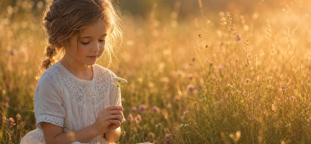 Jeune enfant assis dans une prairie au coucher du soleil, tenant une fleur sauvage, dans une ambiance douce et rassurante