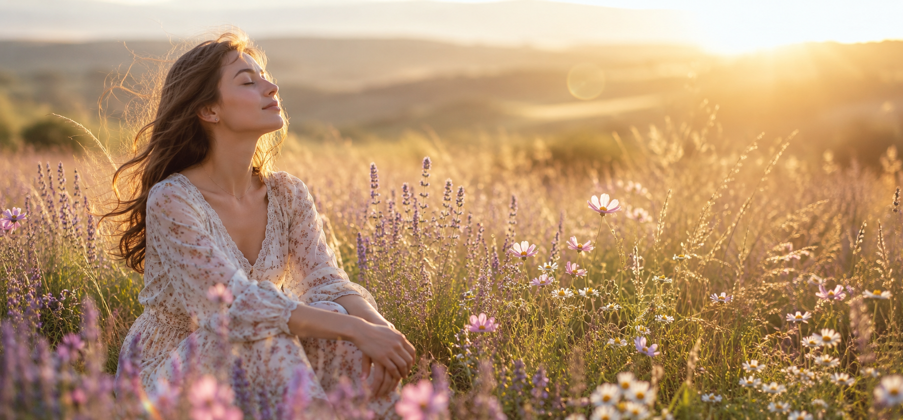 Jeune femme assise dans une prairie de fleurs sauvages au coucher du soleil, les yeux fermes, en posture de relaxation