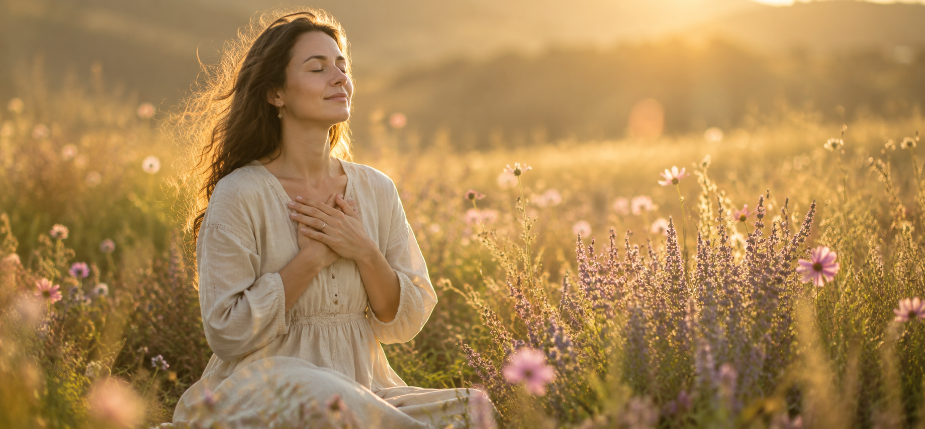 Femme sereine assise dans une prairie de fleurs sauvages au coucher du soleil, les mains posées sur le coeur