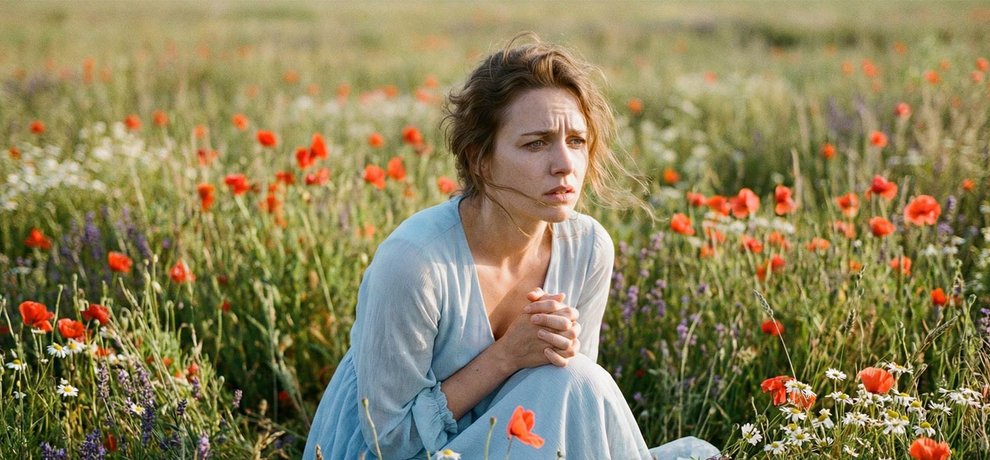 prairie sauvage baignée de lumière dorée avec des fleurs de marronnier blanc et de camomille au premier plan