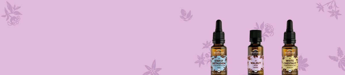 Bannière de la gamme Fleurs de Bach Biofloral avec décor floral coloré.