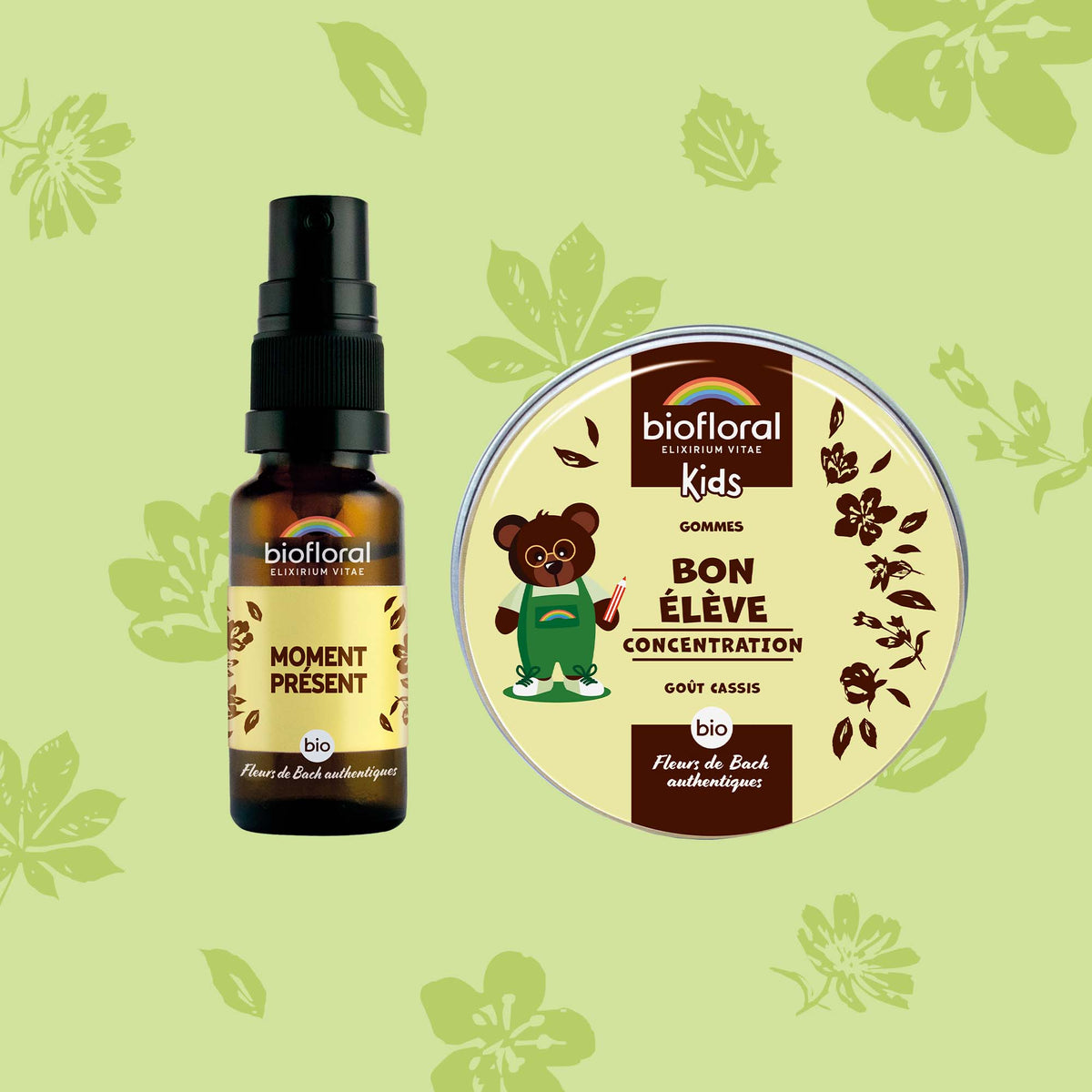 Lot de deux produits aux fleurs de Bach Bio : spray pour s’ancrer dans le moment présent et pastilles favorisant la concentration.
