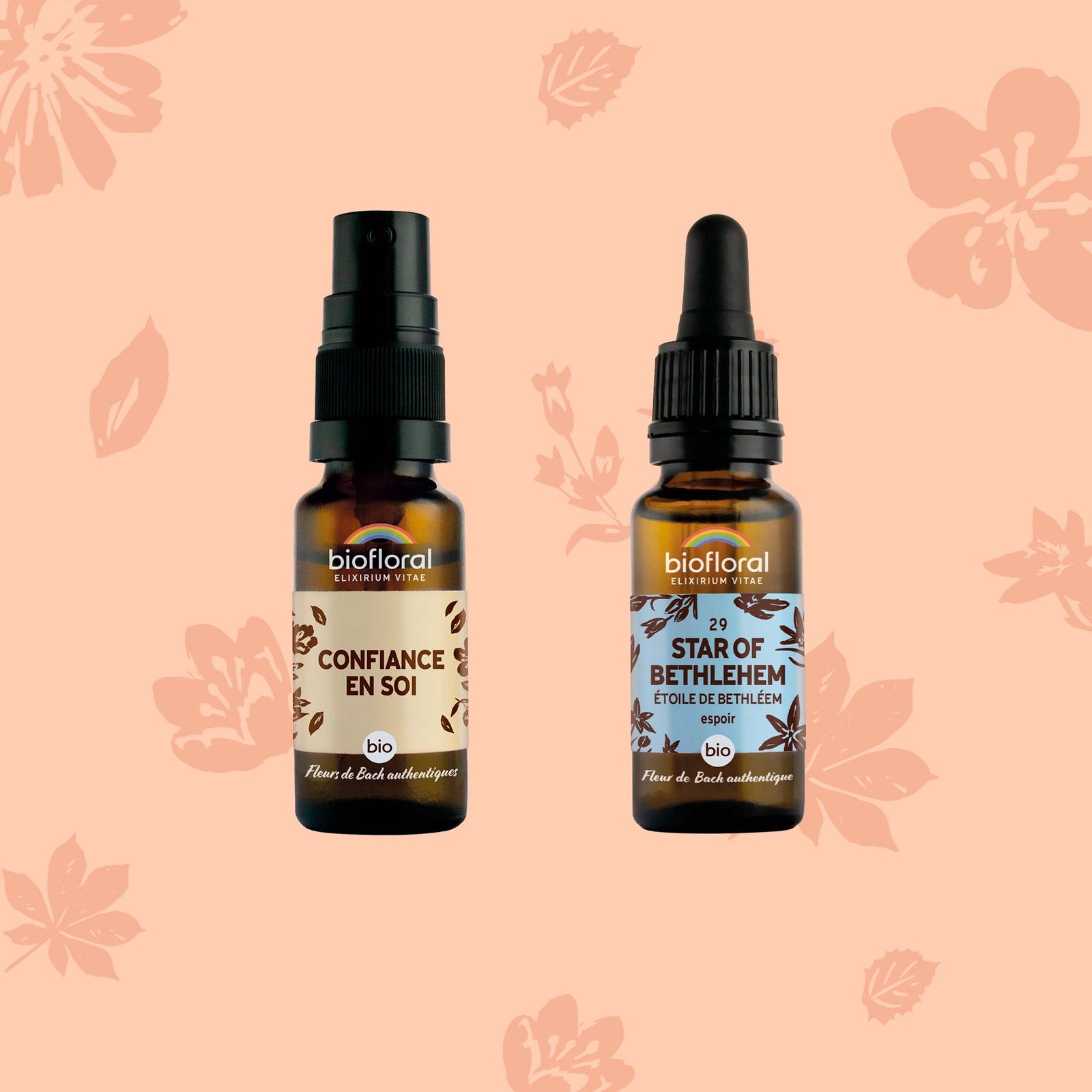 Duo de fleurs de Bach bio en spray et granules, conçu pour renforcer la confiance en soi naturellement.
