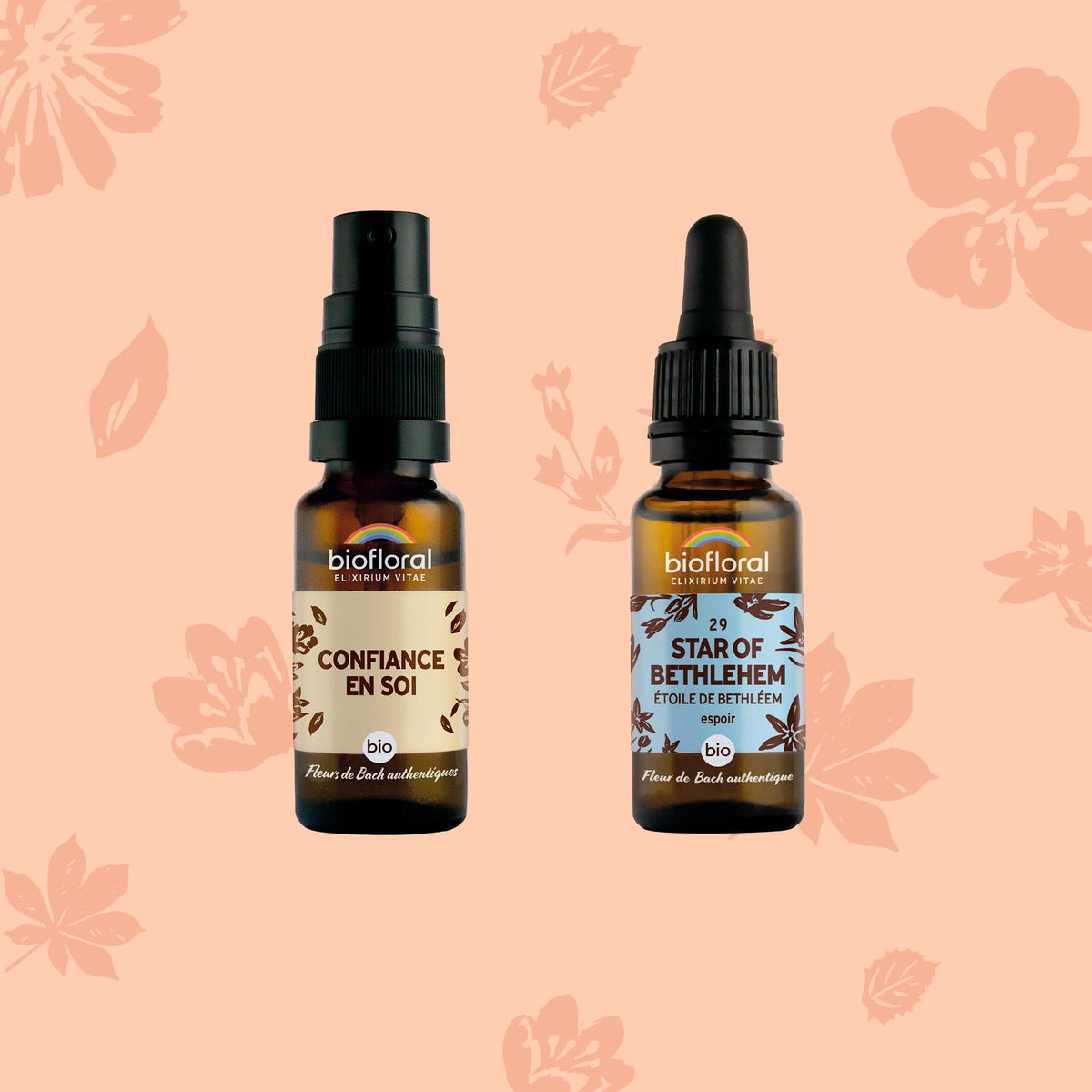 Duo de fleurs de Bach bio en spray et granules, conçu pour renforcer la confiance en soi naturellement.