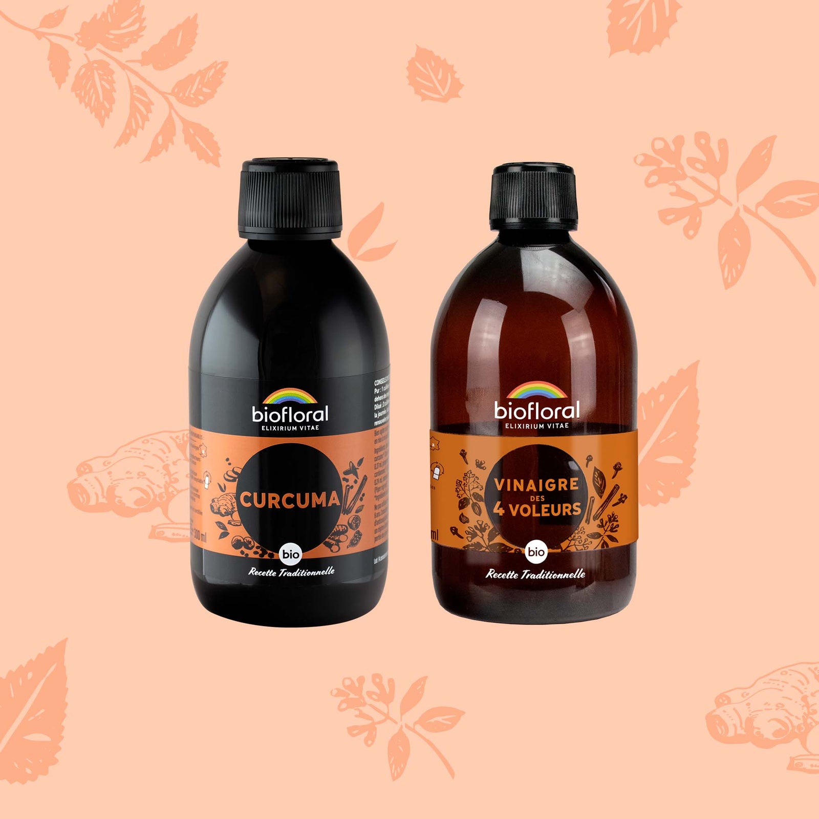 Duo d’élixirs floraux Bio : solution liquide au curcuma revitalisant et vinaigre des 4 voleurs purifiant.