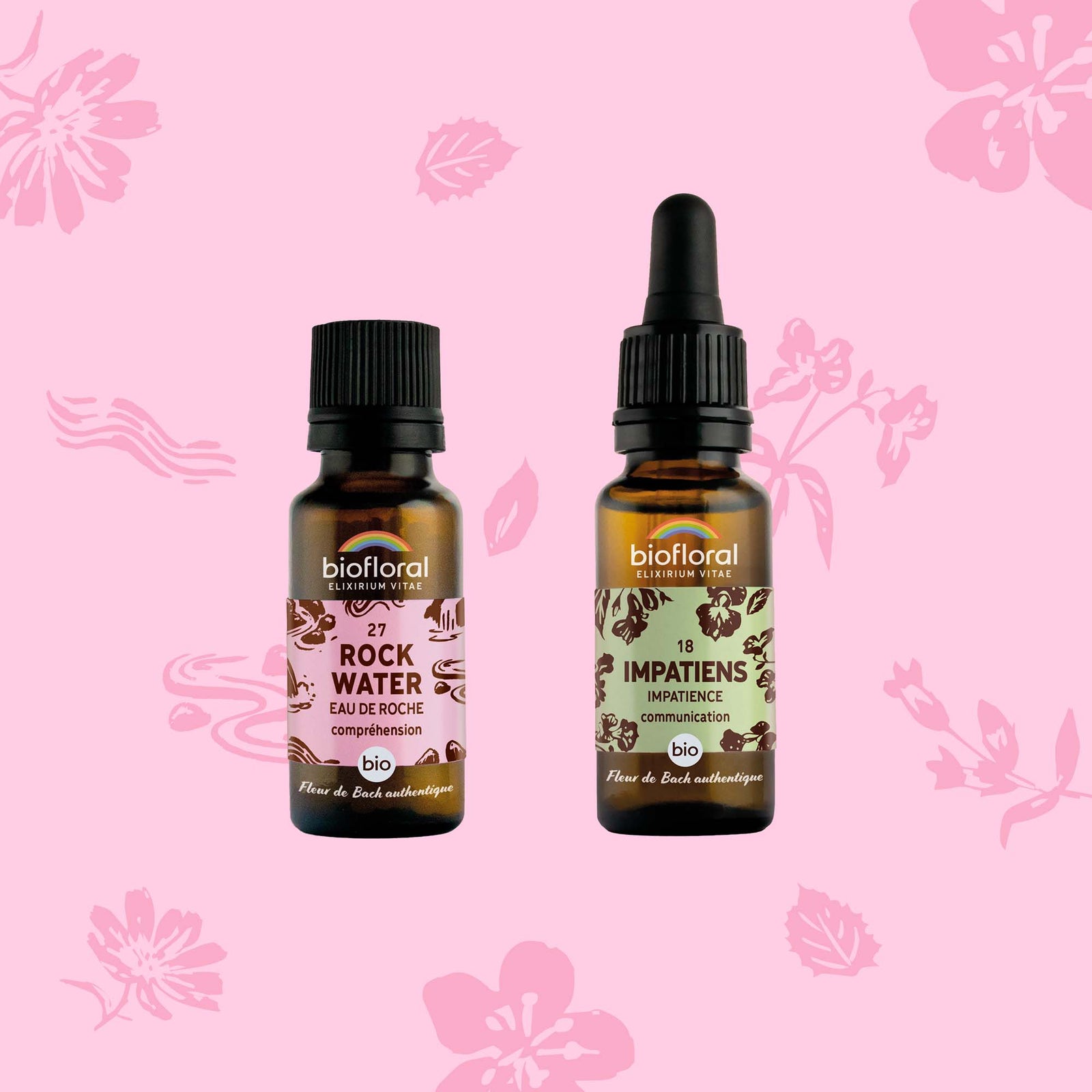 Lot de deux élixirs floraux aux fleurs de Bach Bio : Rock Water n°27 en granules et Impatiens n°18 en gouttes, équilibre émotionnel naturel.