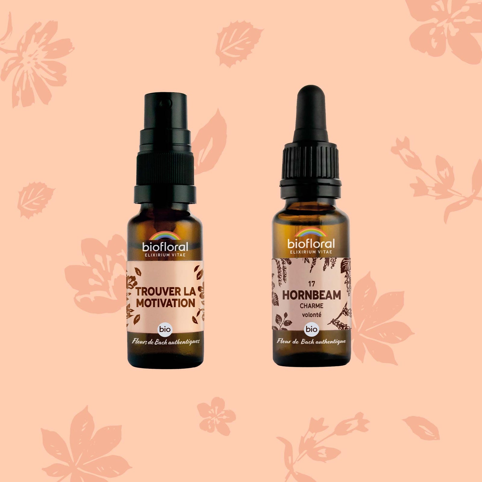 Lot de deux fleurs de Bach Bio : spray pour retrouver la motivation et gouttes Hornbeam (Charme) pour l’énergie et la vitalité.