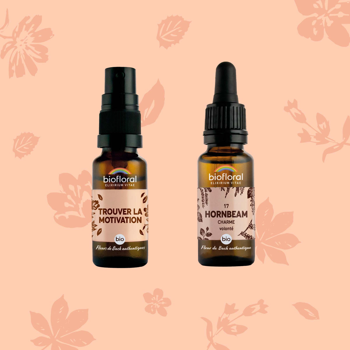 Lot de deux fleurs de Bach Bio : spray pour retrouver la motivation et gouttes Hornbeam (Charme) pour l’énergie et la vitalité.