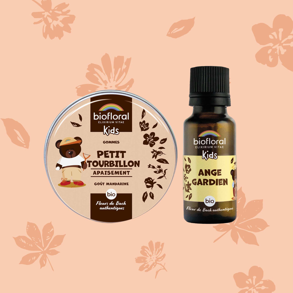 Duo pour enfants aux fleurs de Bach : pastilles Petit Tourbillon et spray Ange Gardien pour la gestion des émotions.