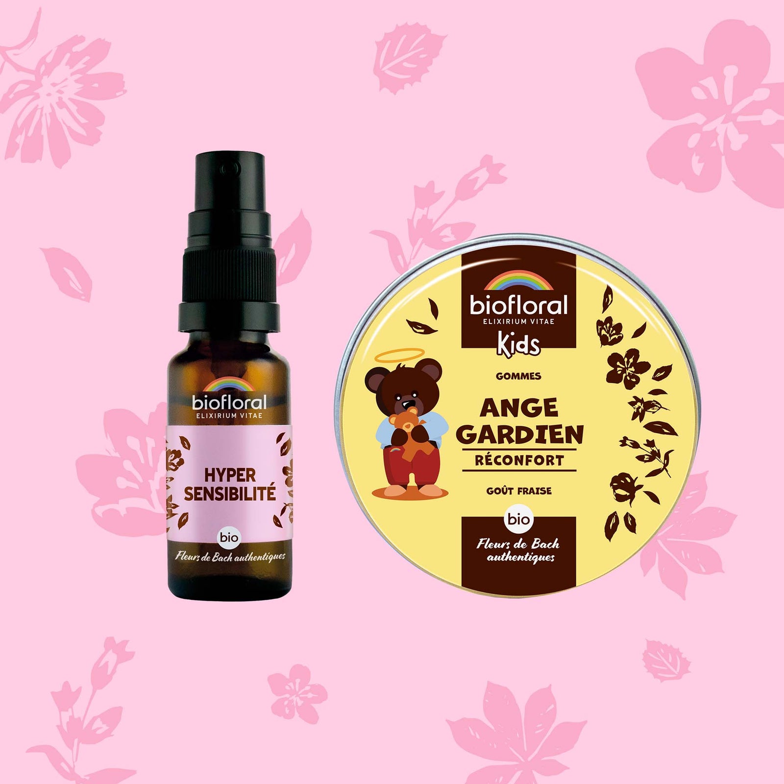 Lot de deux produits aux fleurs de Bach Bio : gouttes pour apaiser l’hypersensibilité et pastilles contre la peur de l’abandon, bien-être émotionnel.