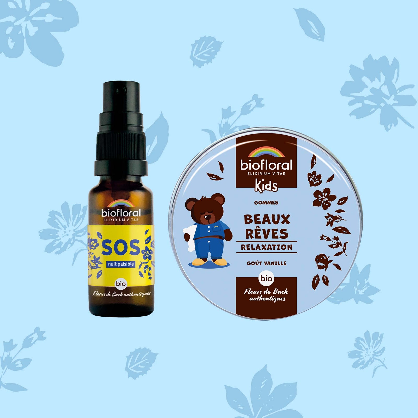 Duo aux fleurs de Bach bio pour favoriser l’endormissement et la relaxation chez l’enfant.