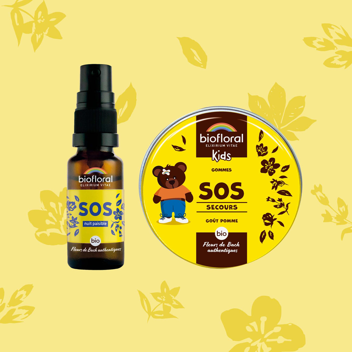 Duo SOS Secours Biofloral aux fleurs de Bach pour la gestion des émotions : pastilles et spray.