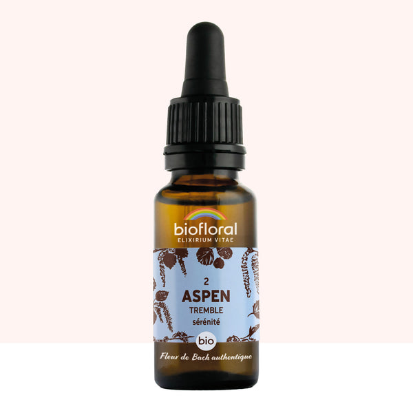Flacon de fleur de Bach Aspen Biofloral avec compte-gouttes 20ml.